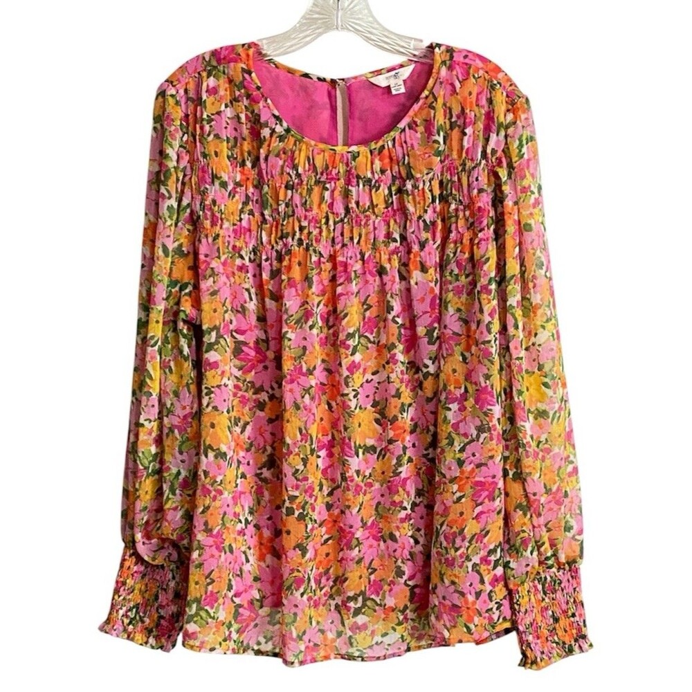 Terra & Sky Cottagecore Blouse Women's 1X Colorful Floral Smocked Lined Romantic